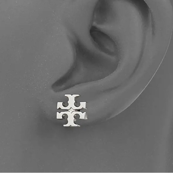 Tory Burch Silver-Tone Iconic Logo Stud Earrings - Picture 2 of 3